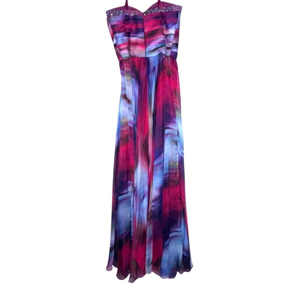 La Femme Multicolor Empire Waist Chiffon Maxi Dress With Beaded Bodice - Picture 6 of 12